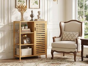 Mobiletto da <span class=keywords><strong>Bagno</strong></span> in Bambù con Anta e 3 Ripiani Aperti, Armadietto Laterale Autoportante per Cucina - Product Image 2