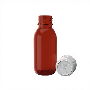 ขวดน้ำเชื่อมทรงกลม PET รุ่น M0763 ขนาด 100 มล. คอขวด 28 มม. ฝา CR สีเหลืองอำพัน ราคาดีที่สุด บริการ OEM ODM - JK Packaging Solutions โรงงานเวียดนาม - Product Image 1