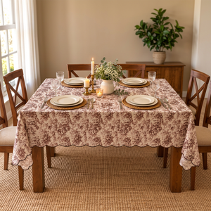 Mantel de Lino Premium con Estampado Toile Marrón Vintage y Borde Festoneado – Elegante Cubierta Decorativa para Mesa de Comedor para el Hogar, Restaurante - Product Image 4