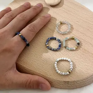 4MM Natural Stone Ring Elastic String Beaded Ring Natural Gemstone White Turquoise Ring Women