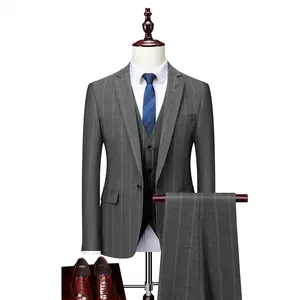 Yeni erkek iş rahat Blazers ceketler + yelek + pantolon kore versiyonu ince düğün takım elbise 4XL erkekler çizgili üç parça takım elbise setleri
