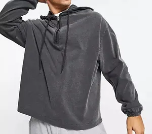 Groothandel Modieuze Zure Wash Mannen Oversized Halve Rits Hoodie In Zwart