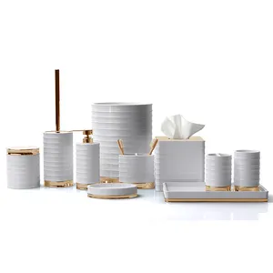 豪華な装飾ホームアクセサリーモダンな白い衛生陶器スイートポリレジン樹脂バスルームセットゴールドベース