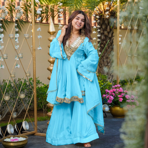 Light Blue Chinon <b>Shawl</b> Mirror Work Traditional Indian Pakistani Women's Wear <b>Wedding</b> Engagement Spring Summer Breathable - Product Image 1