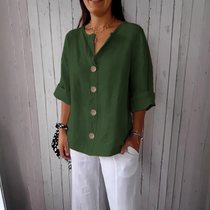 Camiseta Holgada de Verano para Mujer, Estilo Europeo y Americano, Cuello en V, Algodón y Lino, con Botones, Moderna y Versátil - Product Image 1