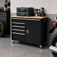 Coffre à outils mobile à 5 tiroirs en acier avec plan de travail en bois massif et serrure pour atelier de réparation automobile, garage de moto, rangement