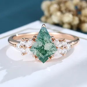 원래 사용자 정의 디자인 도매 보석 우아한 천연 보석 반지 녹색 이끼 마노 반지