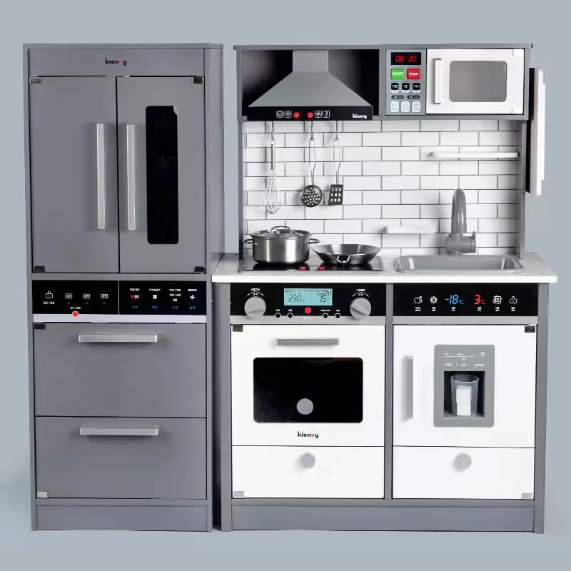 Yeni tasarım ahşap mutfak setleri oyuncak oyna pretend oyuncaklar işıklar ve sesler beyaz buzdolabı mutfak kombinasyonu set