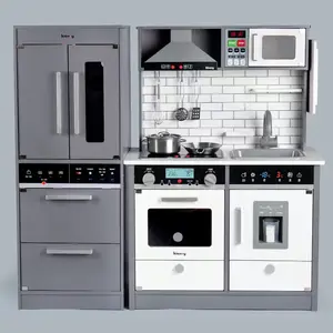 New Design Wooden Kitchen Sets Toy Pretend Play Toys Lights And Sounds White Refrigerator Kitchen Combination Set