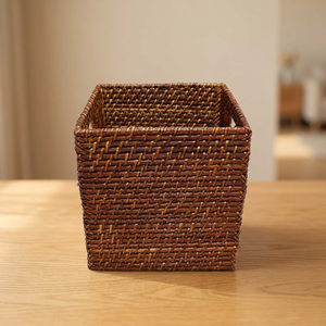 Panier de rangement carré en rotin naturel écologique, lot de 3, marron foncé, avec poignées, style rustique multi-usages - Product Image 2