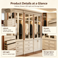 Meuble de rangement moderne de luxe sur mesure avec portes vitrées, éclairage LED, tiroirs et poignées dorées