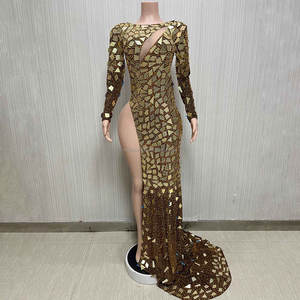 NOVANCE Y2599-C femmes tissu nouveau Sexy haute fente scintillant miroir paillettes or robe hiver femme robes <span class=keywords><strong>avec</strong></span> longue traîne élégante - Product Image 1