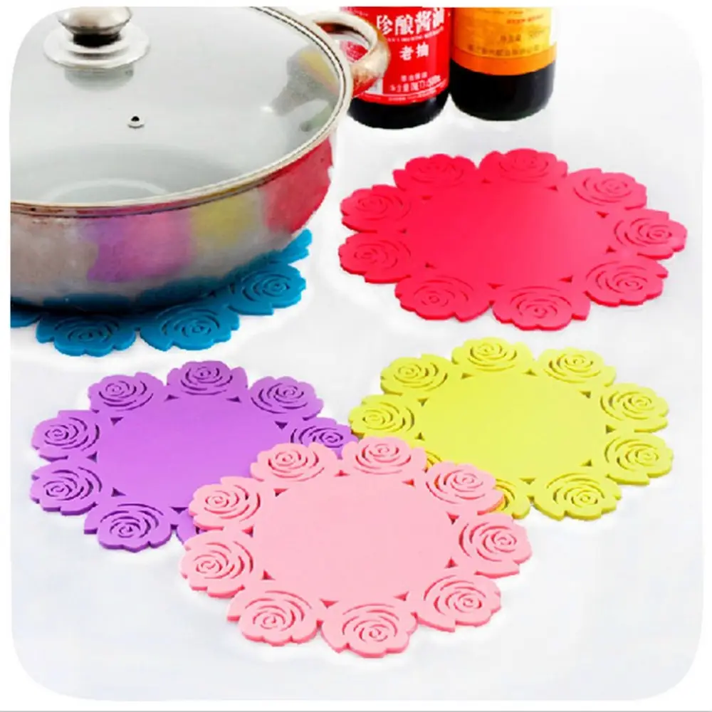 Silicone Rose Flower Kitchen Dining Table Decoration Heat Insulation Resistant Mat Pad Cup Holder Coaster Placemat Kitchen Tools