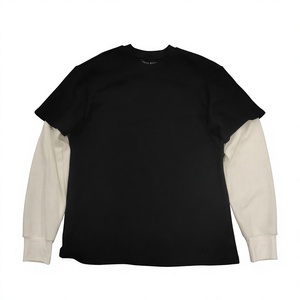Custom Logo Double Layer Long Sleeve Tshirt Plain Printing Sweatshirts Distressed T-<b>shirt</b> Waffle <b>Thermal</b> for <b>Men</b> T-<b>shirt</b> - Product Image 3