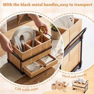 Iron and steel <b>kitchen</b> countertop cutlery rack, wooden <b>paper</b> towel rack with drawers, wooden cutlery storage rack - Product Image 3