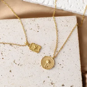 Vintage Stainless Steel Irregular Coin Pendant Necklace Tulip Rose Flower Pendant Necklace For Women