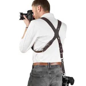新设计定制手工可调节皮革双相机肩带线束皮套与您的标志