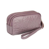 Portefeuille-bracelet en cuir véritable gaufré pour femme, pochette zippée, porte-monnaie, porte-cartes multiples