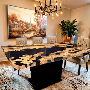 Table à manger moderne en bois massif avec bord naturel et plateau en résine époxy bleue, style ferme/villa, construction artisanale durable, 6 places - Product Image 1