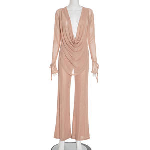 Modisches 2-teiliges Set Sexy Mesh Neckholder-Oberteil mit Bindung und Langen Ärmeln sowie Lange Hose Zweiteiliges Damen-Outfit - Product Image 2