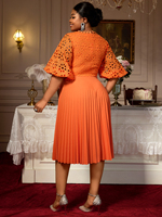 Robe décontractée d'été mi-longue plissée à col en V en dentelle à manches courtes AM050335 pour femme, tendance, orange