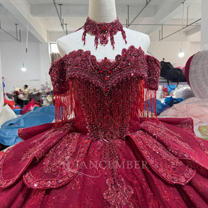 Vestido de noche rojo Mc038 con cordones en la espalda, adornos de lentejuelas y borlas, apliques de encaje, vestido de quinceañera Jancember - Product Image 2