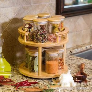 Estante giratorio de bambú de doble capa para especias con tapa de madera, organizador hermético de cocina para especias y cosméticos, tamaño L - Product Image 1