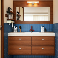 Ensembles de meubles-lavabos de salle de bain modernes en bois de noyer avec vasque intégrée et miroir encadré, fabrication OEM ODM sur mesure