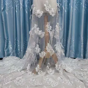 Tecido de renda para noiva, tecido de tule branco pesado com flores de alta qualidade, bordado com renda, para vestido