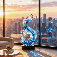 Jingyue OEM ODM Grande Statue Abstraite Artistique en Résine Bleue Transparente, Peinte à la Main, au Design Ondulé et Fluide, pour Entrée de Centre Commercial et Club