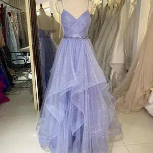 Lilas rouge émeraude sans manches brillant tulle plissé à volants perles à la main taille chaîne à lacets dos robes de soirée de bal