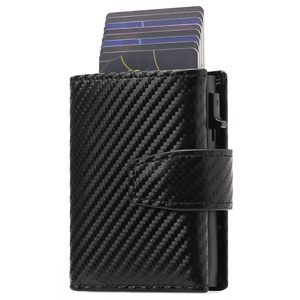 Men's RFID <b>Wallet</b> <b>Carbon</b> <b>Fiber</b> Texture Automatic Card Ejection Business Style Genuine Leather Card Holder Black - Product Image 1