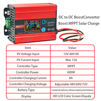Nouvel arrivage Contrôleur de charge solaire Boost MPPT 600W Écran LCD 8A hors réseau 48V 60V 72V 12-60V Entrée pour la charge du système solaire