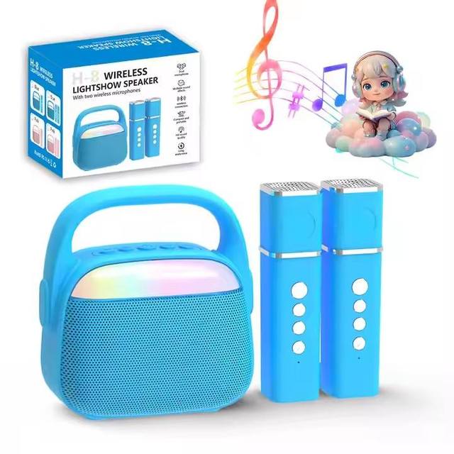 Portable Boombox Karaoke Machine RGB LED Lights Dual Wireless Mics USB/ V5.3 5-10h Battery Life-Kid Gift