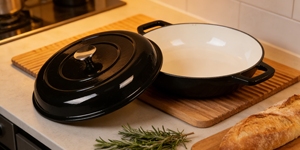 Casserole en <span class=keywords><strong>fonte</strong></span> émaillée de qualité <span class=keywords><strong>professionnelle</strong></span>, style français, peu profonde, avec couvercle - Product Image 6