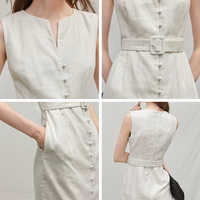 Robe en lin beige sur mesure pour femme, boutonnée sur le devant, ceinturée, mi-longue, sans manches, pour le bureau, fabrication OEM ODM BSCI, vente en gros