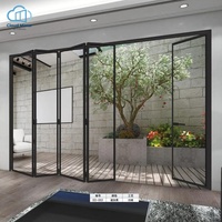 Fenêtre pliante multi-vitraux en aluminium noir, style minimaliste moderne, grande vue, pour cour de maison