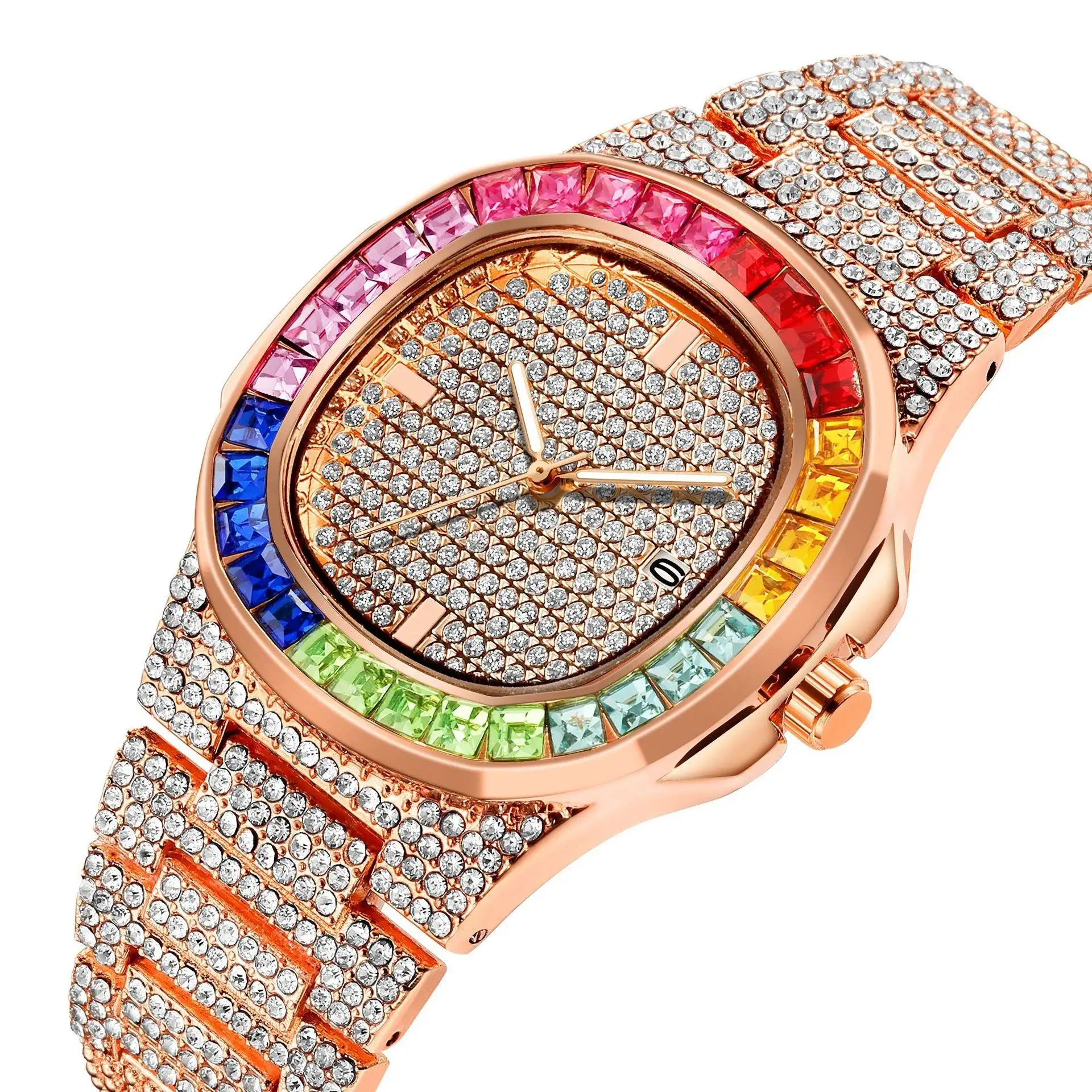 Orologi al quarzo con lunetta di cristallo colorato alla moda orologio da polso con strass lucido Hip Hop orologi con diamanti