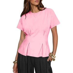 Haut plissé rose léger à manches courtes et col rond pour femme, style peplum, idéal pour l'été et la mode décontractée - Product Image 1