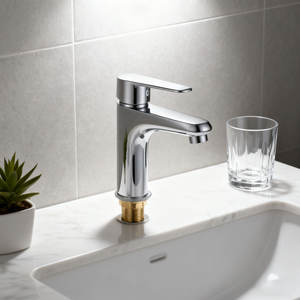 Robinet de lavabo de salle de bain en laiton, mélangeur d'eau chaude et froide, poignée unique, finition chromée, corps durable, noyau de valve en céramique, trou unique, pour plan de travail - Product Image 1