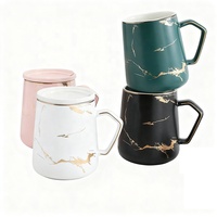 Tasse à café de luxe en porcelaine marbrée avec logo personnalisé, style européen, verres de 400ml à bord doré avec poignée et couvercle