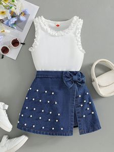 Nuevo conjunto <span class=keywords><strong>de</strong></span> verano para niño y niña, 2 conjuntos, camiseta sin mangas blanca sin mangas + lazos <span class=keywords><strong>de</strong></span> perlas, conjunto <span class=keywords><strong>de</strong></span> ropa <span class=keywords><strong>de</strong></span> Falda vaquera - Product Image 2