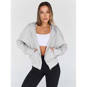 Sudadera con capucha corta de mujer con cremallera completa, hombros caídos, mezcla de algodón, ropa casual para gimnasio, chaqueta de punto transpirable - Product Image 2