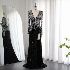 Sang trọng màu đen Nàng Tiên Cá Dubai Evening Dresses 2023 thanh lịch v-cổ dài tay áo Arabic Phụ Nữ chính thức Đảng gowns sz250