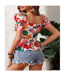 Blusa de Mujer con Estampado Floral, Cuello Corazón, Tejido Sólido, Corte Regular, Elegante, para Fiestas y Uso Casual, Cómoda para Toda Temporada - Product Image 1