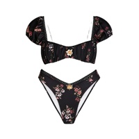 Ensemble de bikini personnalisé à imprimé floral classique, manches bouffantes recyclées, bordure en dentelle, fermeture à nouer dans le dos, maillots de bain deux pièces pour femmes