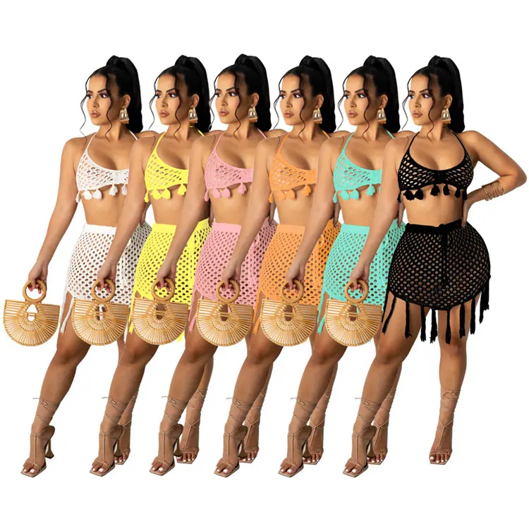 2022 Lvcong Kwasten Gehaakte Bikini Met Cover Up Rok Set Uitsparing Crop Top Badpak Bikini Cover Up Beach Jurken Vrouwen breien