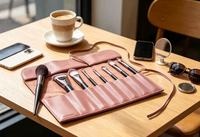 Kotak Rol Kuas Makeup Kulit PU 32 PCS Set Kuas Kosmetik dengan Kantong Penyimpanan Organizer Perjalanan