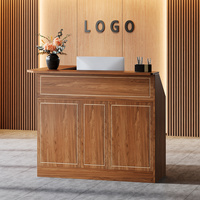 Bureau d'accueil moderne en bois en forme de L avec rangement intégré, table de réception élégante pour salon, bureau, hall, école, hôpital, brun rouge foncé