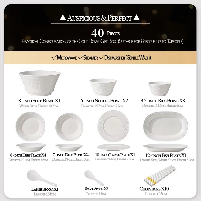 Magnifique coffret cadeau de 40 bols à soupe de bon augure pour 8 personnes